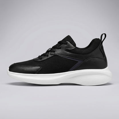 FORCIANO SUTTON black height increasing sneaker for women shown in clean side profile with Flyknit mesh upper, lace closure and white sculpted sole.