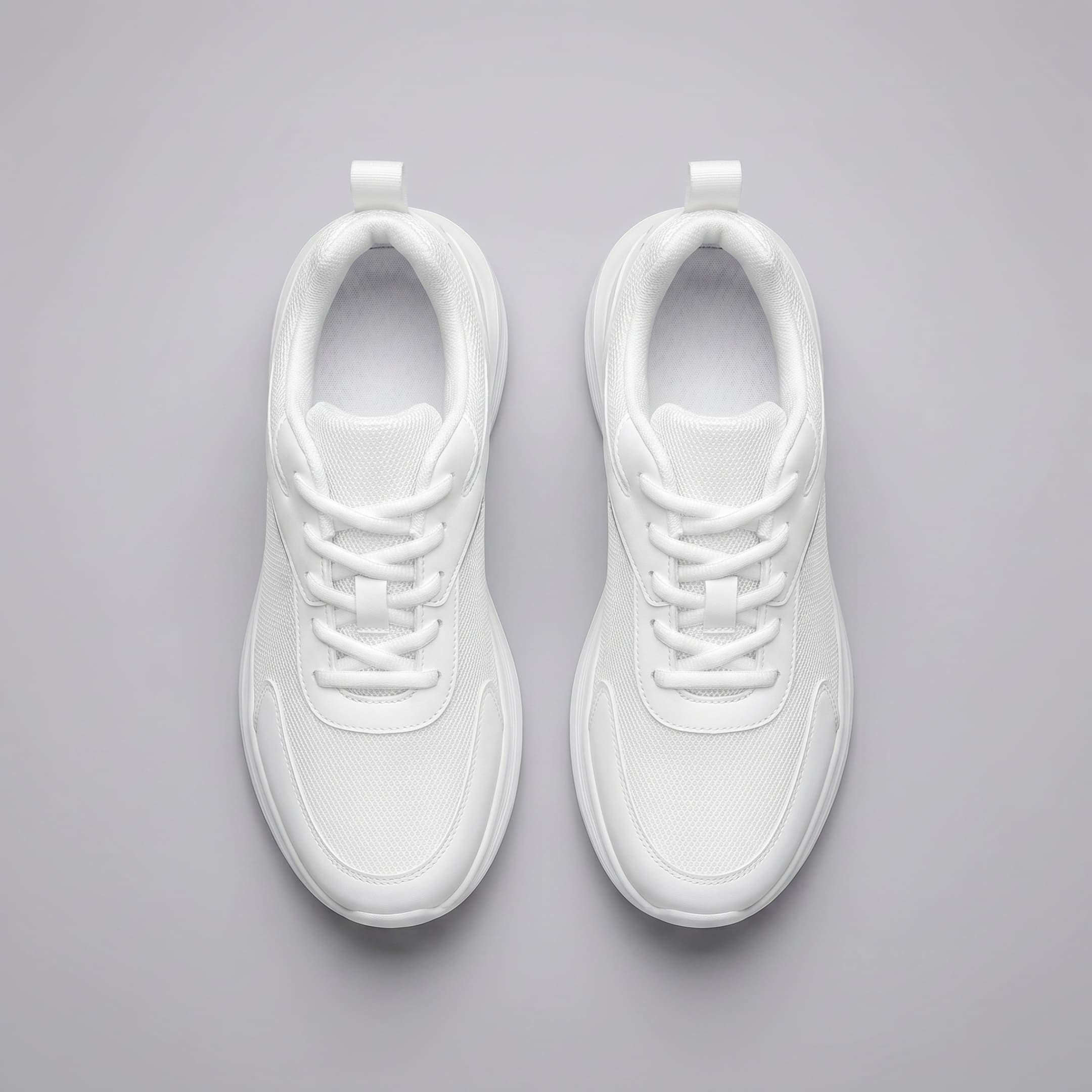 FORCIANO SUTTON white Flyknit mesh sneakers for women shown as a pair in top view with matching laces, padded openings and white soles.