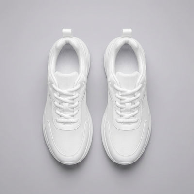 FORCIANO SUTTON white Flyknit mesh sneakers for Women shown as a pair in top view with matching laces, padded openings and white soles.