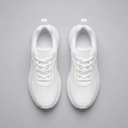 FORCIANO SUTTON white Flyknit mesh sneakers for women shown as a pair in top view with matching laces, padded openings and white soles.