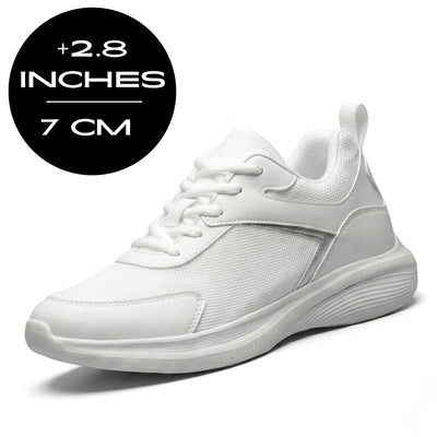 FORCIANO SUTTON for Women white height increasing sneaker shown with a 7 cm / 2.8 inch height graphic and Flyknit mesh upper.