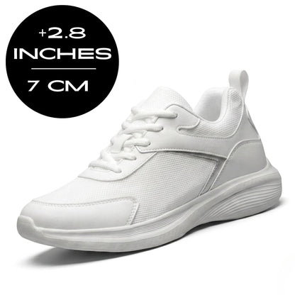 FORCIANO SUTTON for women white height increasing sneaker shown with a 7 cm / 2.8 inch height graphic and Flyknit mesh upper.