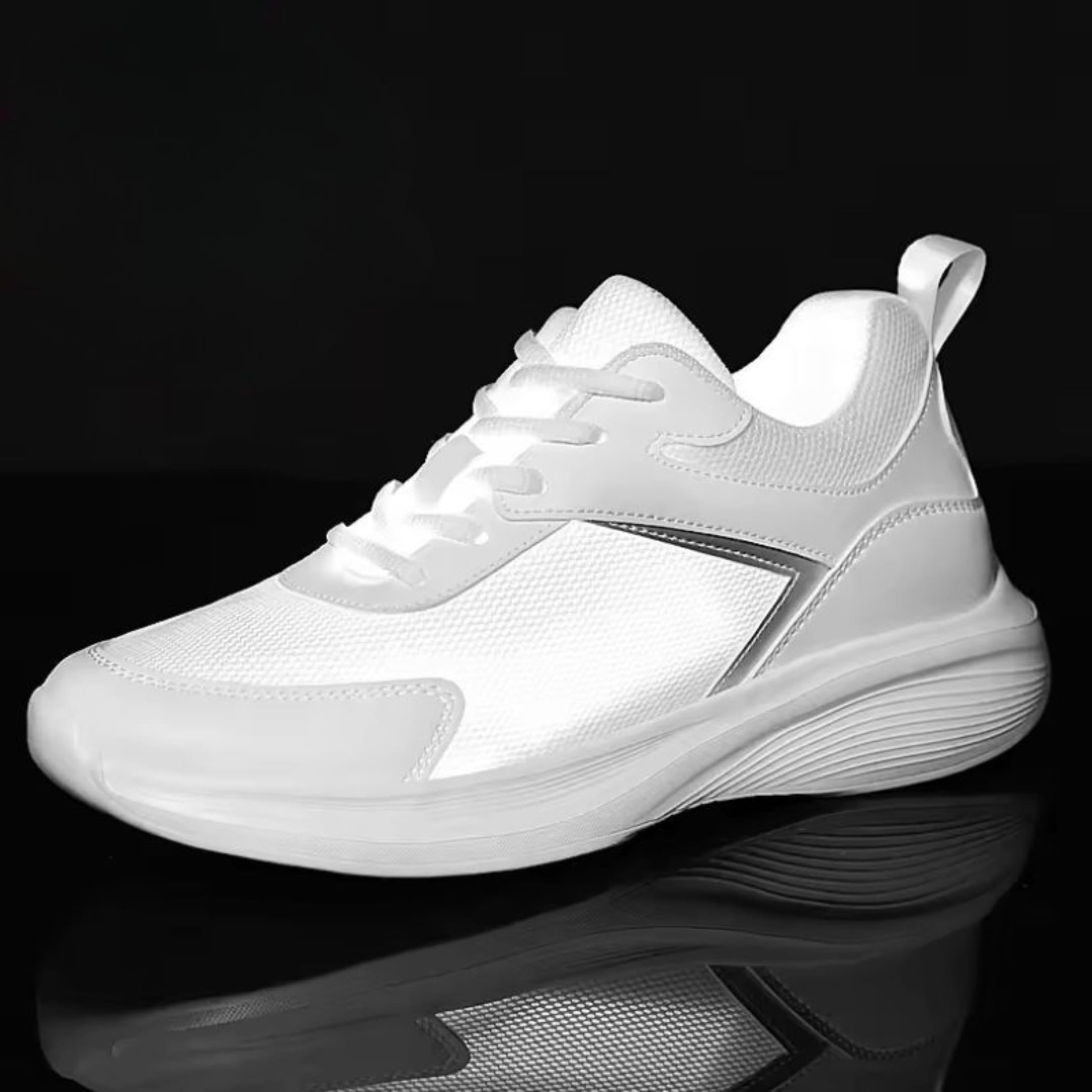 FORCIANO SUTTON white height increasing sneaker for women shown at a front three-quarter angle on a dark background with Flyknit mesh upper and white sole.