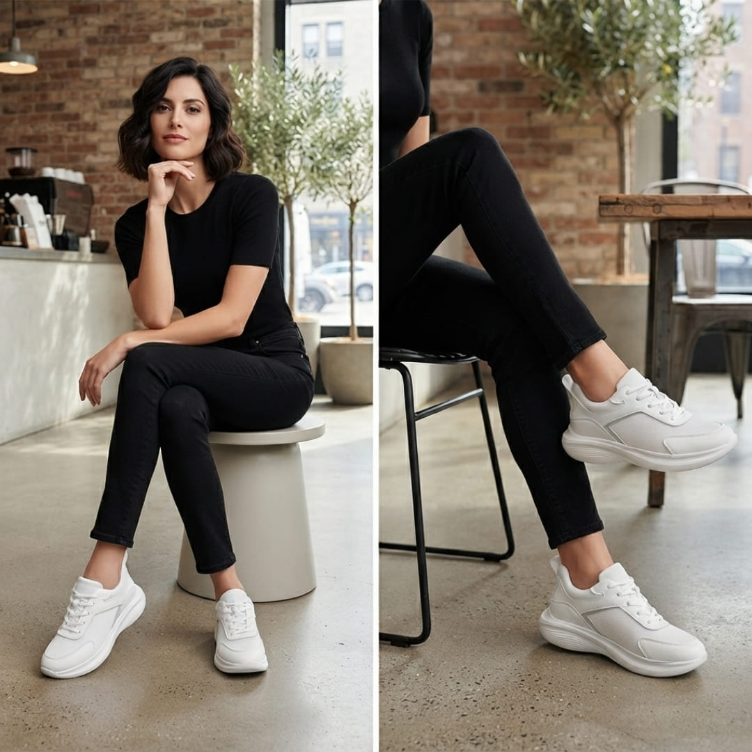 FORCIANO SUTTON white height increasing sneakers for women worn in two seated indoor lifestyle views with the Flyknit mesh upper clearly visible.