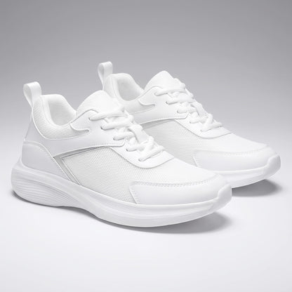 FORCIANO SUTTON white height increasing sneakers for women shown as a pair in front three-quarter view with Flyknit mesh uppers, laces and white soles.