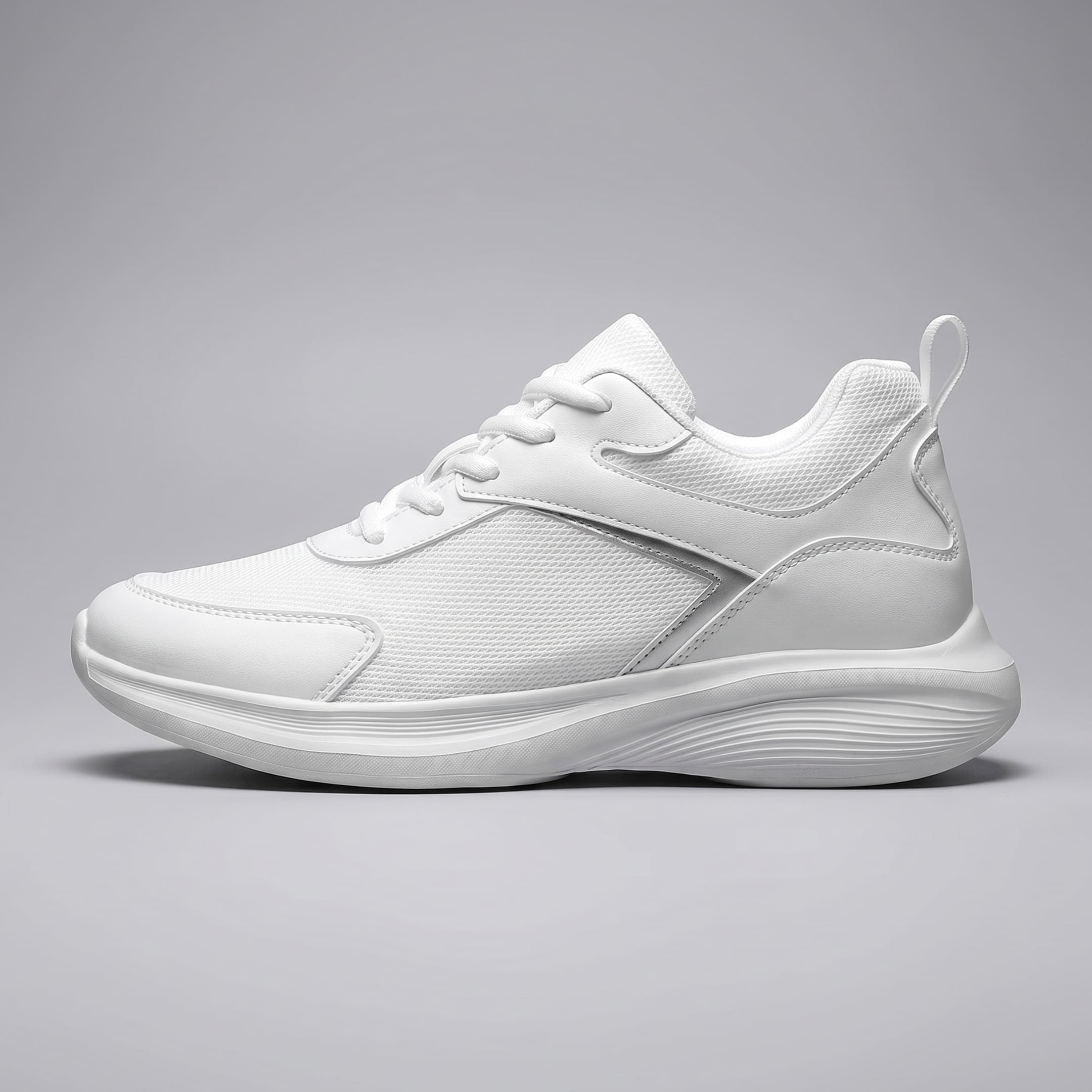 FORCIANO SUTTON white height increasing sneaker for women in side profile, highlighting the Flyknit mesh upper, layered panels and sculpted sole.