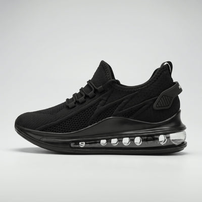 FORCIANO TENET black height increasing sneaker with breathable air mesh upper, shown from the side with transparent heel sole detail.
