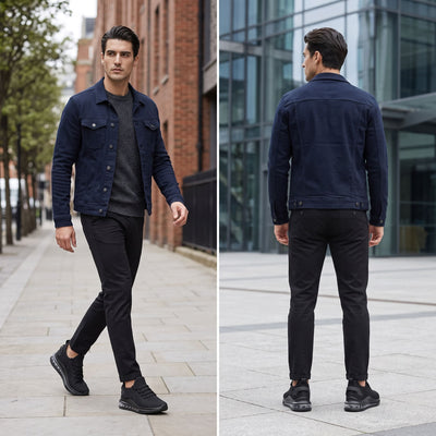 FORCIANO TENET black height increasing sneakers shown in front and rear lifestyle views on a male model walking outdoors.