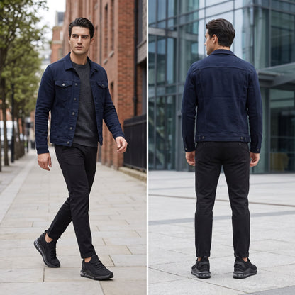 FORCIANO TENET black height increasing sneakers shown in front and rear lifestyle views on a male model walking outdoors.