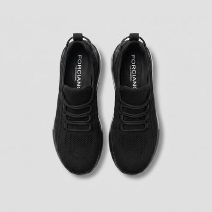 FORCIANO TENET black height increasing sneakers in breathable air mesh, pair shown from a top view with tonal lacing.