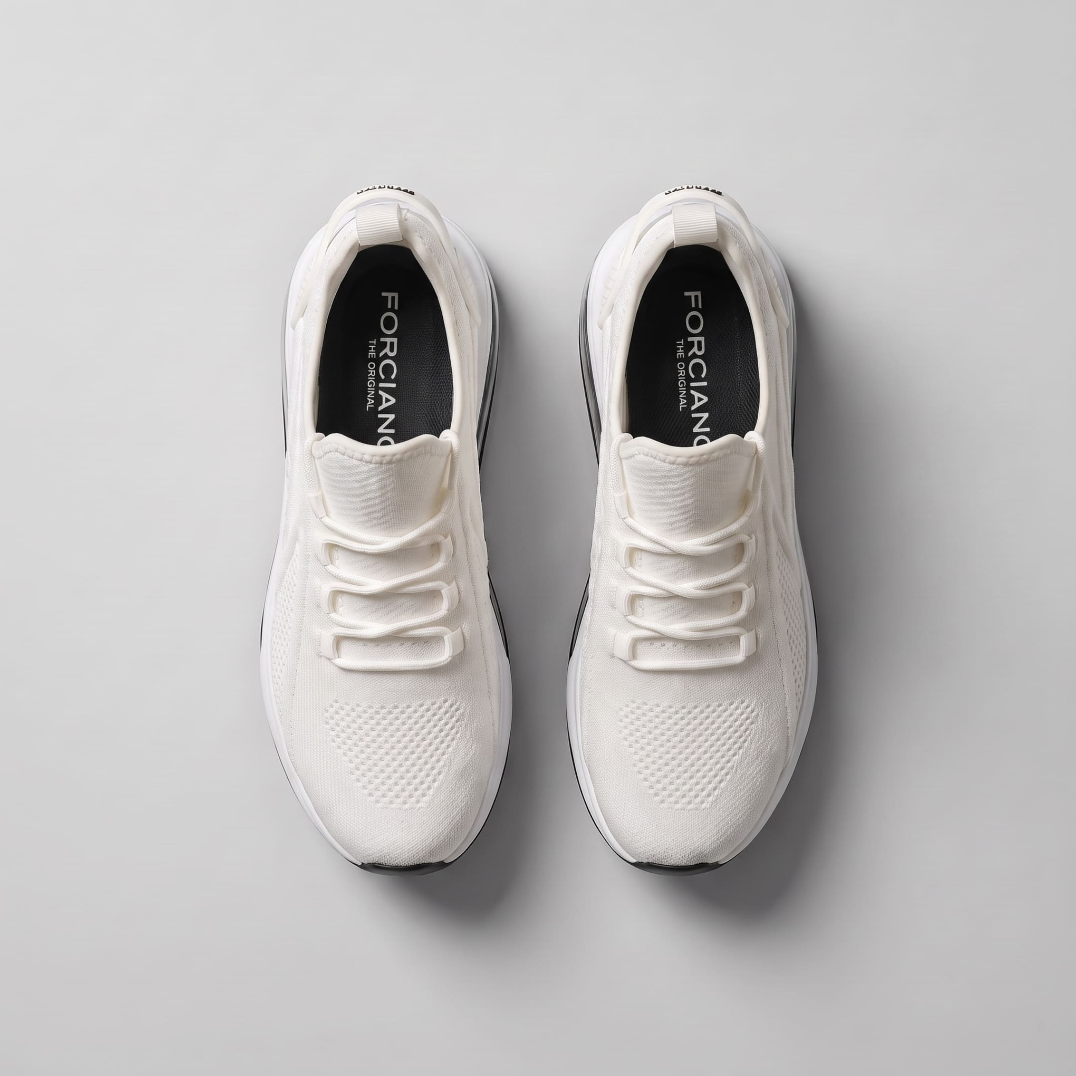 FORCIANO TENET white height increasing sneakers in breathable air mesh, pair shown from the top with the lace system visible.