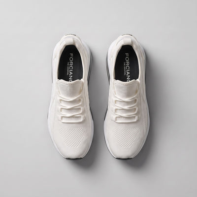 FORCIANO TENET white height increasing sneakers in breathable air mesh, pair shown from the top with the lace system visible.