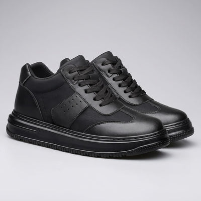 Pair of black FORCIANO TORINO Height Increasing Sneakers with leather uppers shown from a front three-quarter angle.