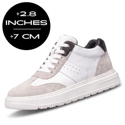White FORCIANO TORINO Height Increasing Sneakers with leather upper shown from a front angle with 7 cm / 2.8" height graphic.