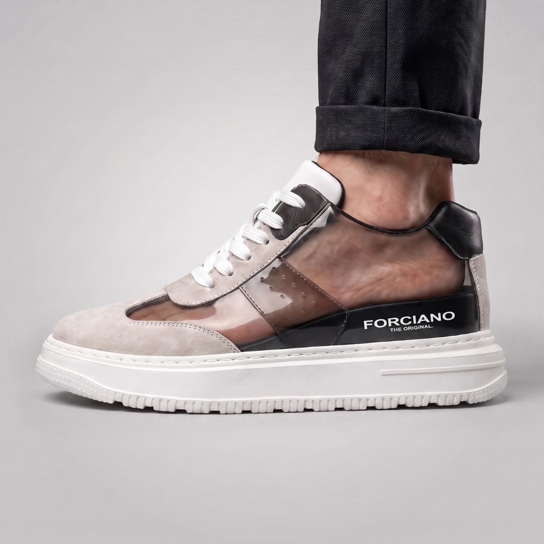 White FORCIANO TORINO Height Increasing Sneakers with leather upper shown in a transparent cutaway detail while worn.