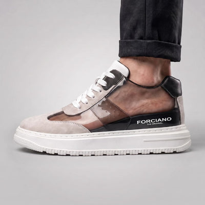White FORCIANO TORINO Height Increasing Sneakers with leather upper shown in a transparent cutaway detail while worn.