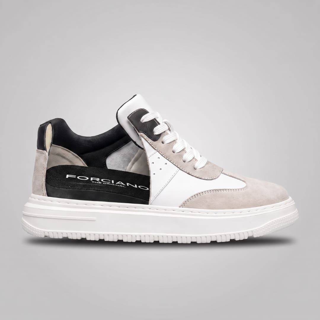 White FORCIANO TORINO Height Increasing Sneakers with leather upper shown in cutaway view revealing the internal lift construction.