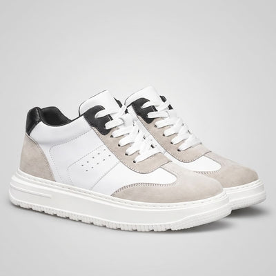Pair of white FORCIANO TORINO Height Increasing Sneakers with leather uppers shown from a front three-quarter angle.