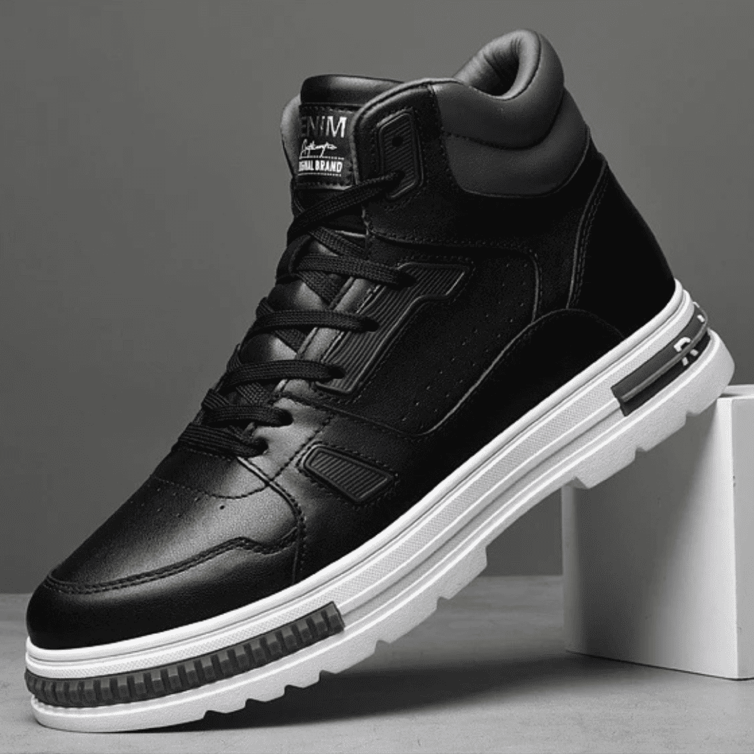 FORCIANO VADER black height increasing sneaker with a white sole shown from a front three-quarter angle.