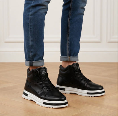 FORCIANO VADER black height increasing sneakers with white soles shown on-foot in a front three-quarter indoor view.