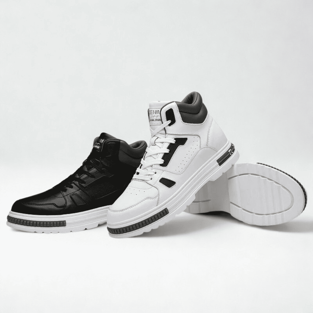 FORCIANO VADER black and white height increasing sneakers in a multi-view display with a white outsole shown from below.