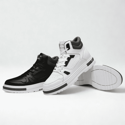 FORCIANO VADER black and white height increasing sneakers in a multi-view display with a white outsole shown from below.