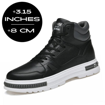 FORCIANO VADER Height Increasing Sneakers in black with white sole, shown at a front angle with 8cm / 3.15" height graphic.