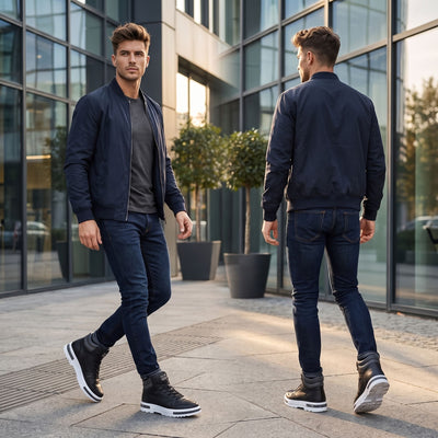 FORCIANO VADER Height Increasing Sneakers in black worn by a male model walking outdoors in a casual lifestyle setting.