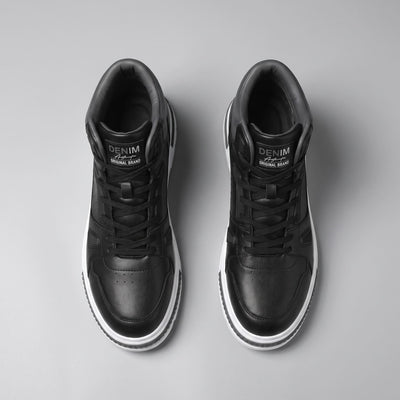Pair of FORCIANO VADER Height Increasing Sneakers in black, shown from the top with black laces and padded collars visible.