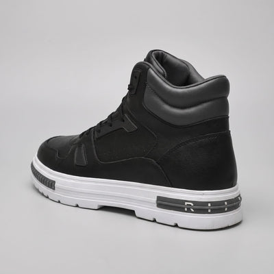FORCIANO VADER Height Increasing Sneakers in black with white sole, shown from a rear three-quarter angle.