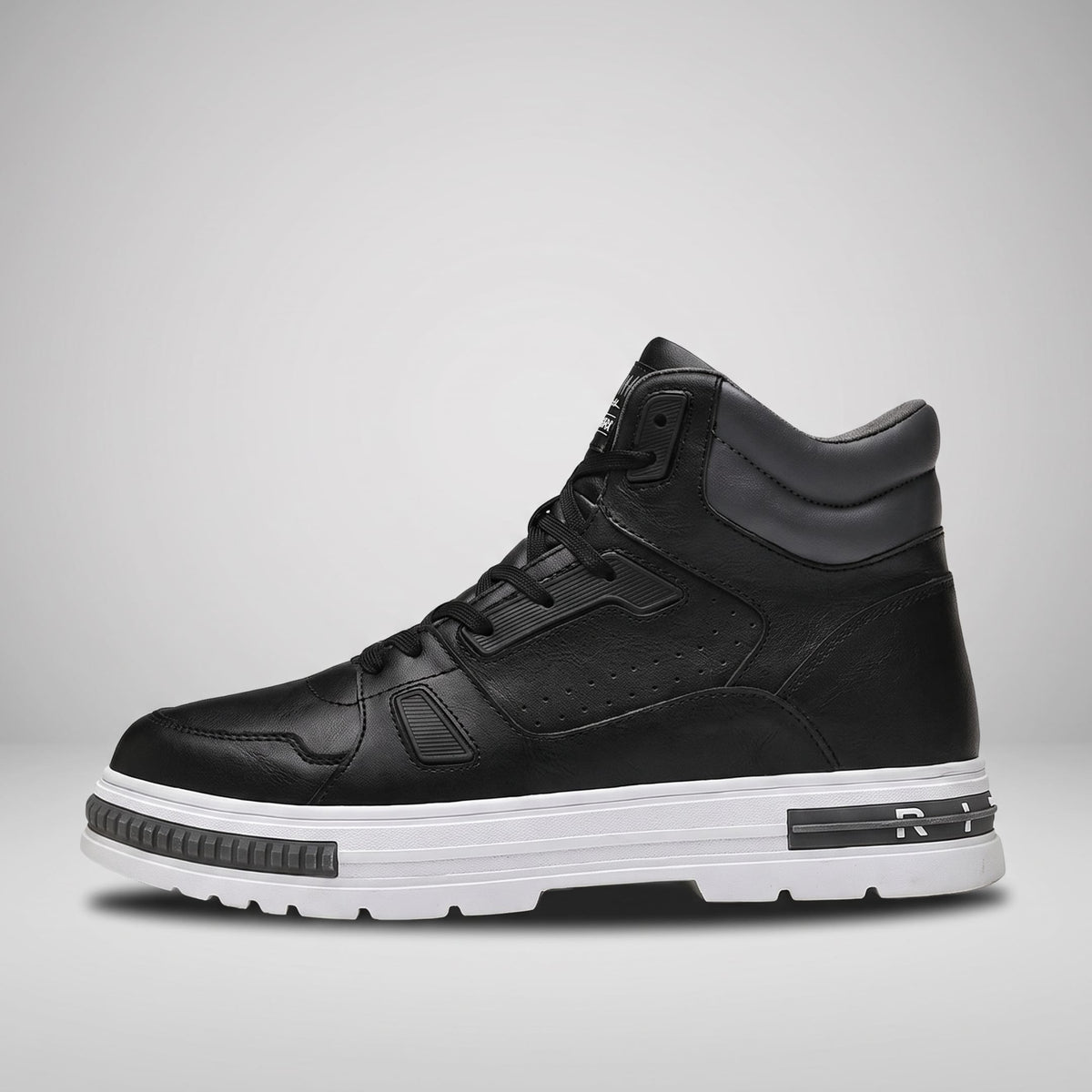 FORCIANO VADER Height Increasing Sneakers in black with white sole, shown in side profile with Cow Split Leather Upper.