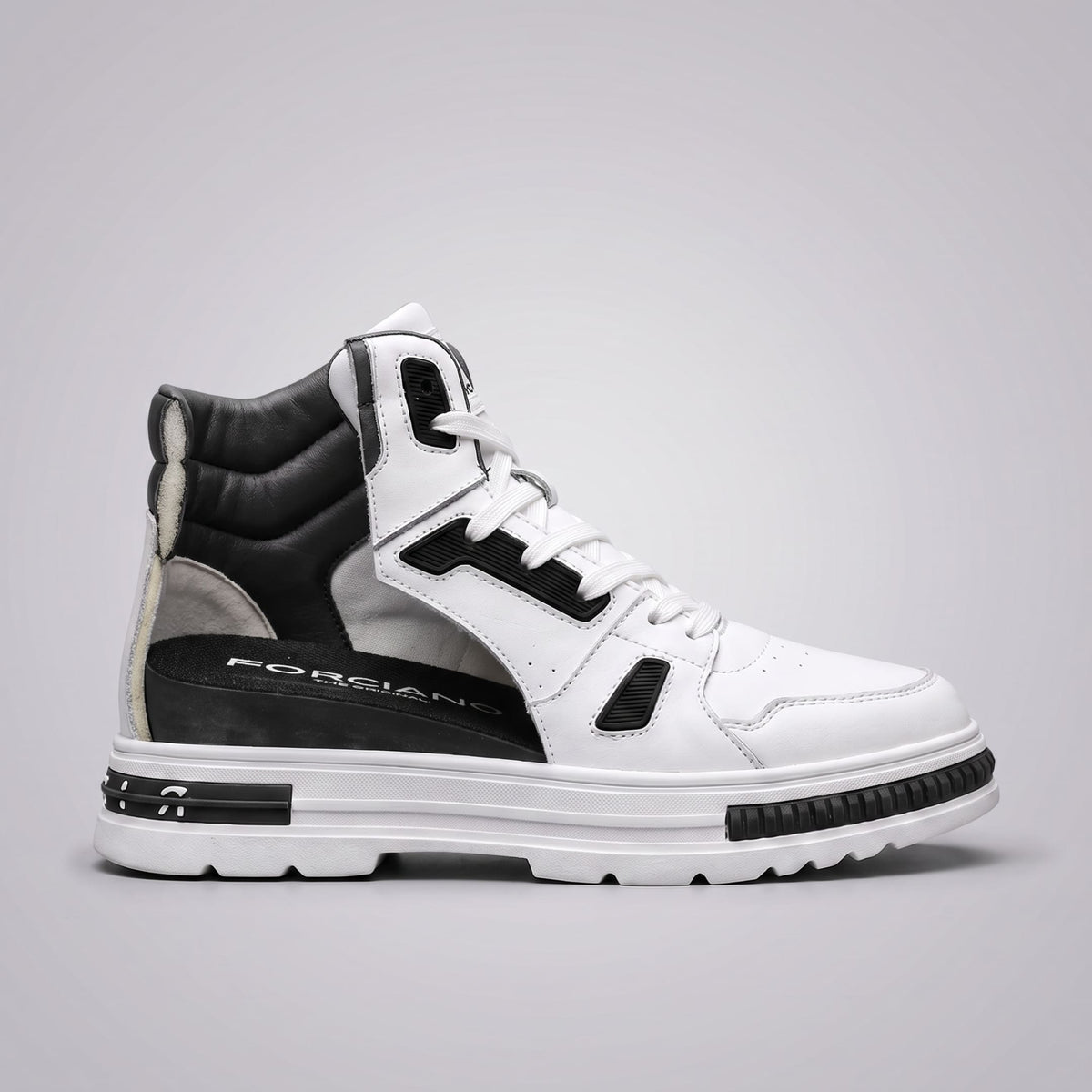 FORCIANO VADER Height Increasing Sneakers in white and black shown in cutaway side view with the internal lift visible.