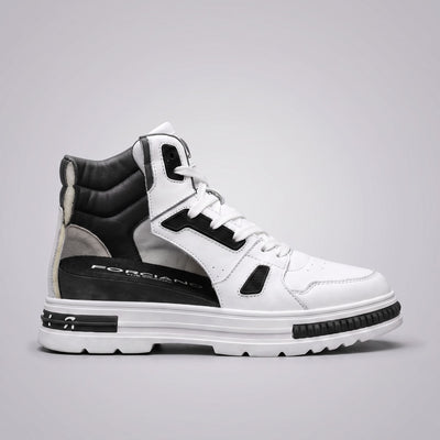 FORCIANO VADER Height Increasing Sneakers in white and black shown in cutaway side view with the internal lift visible.