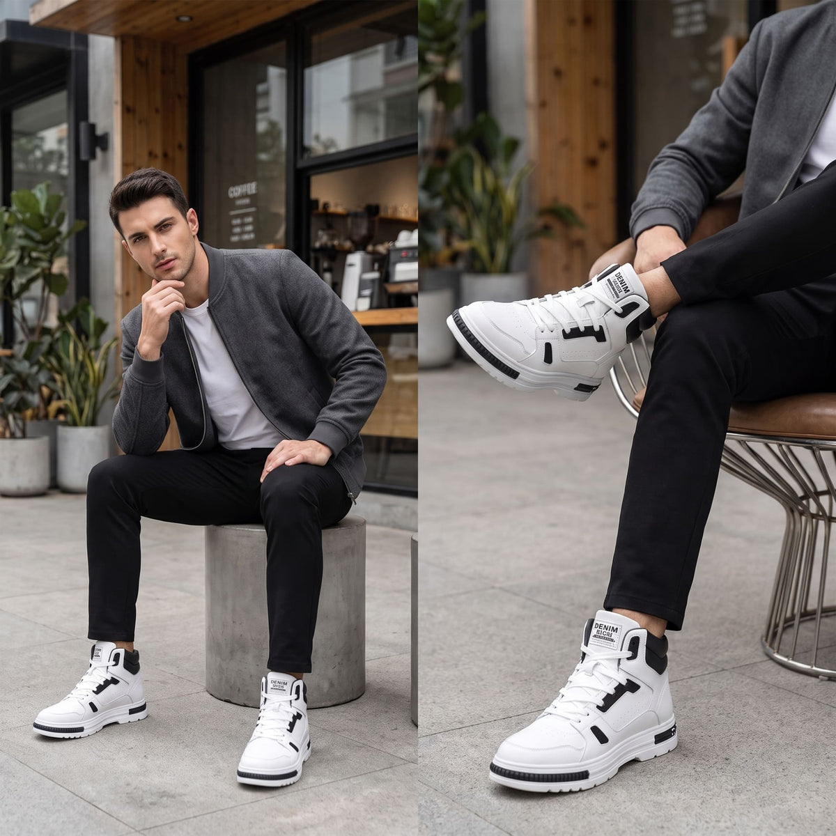 FORCIANO VADER Height Increasing Sneakers in white and black worn by a male model in a casual seated lifestyle setting.
