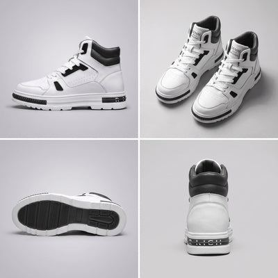 FORCIANO VADER Height Increasing Sneakers in white and black shown in a multi-view collage with side, pair, outsole and rear views.