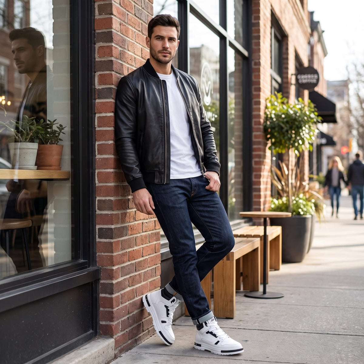 FORCIANO VADER Height Increasing Sneakers in white and black worn by a male model in an outdoor casual lifestyle scene.