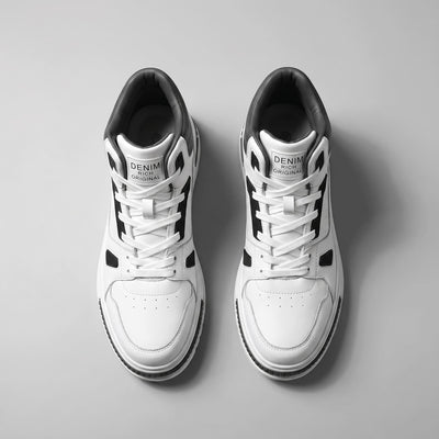 Pair of FORCIANO VADER Height Increasing Sneakers in white and black, shown from the top with laces and padded collars visible.
