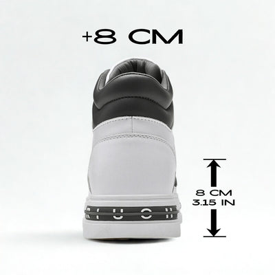 Rear view of FORCIANO VADER Height Increasing Sneakers in white and black with 8cm / 3.15" height increase graphic.