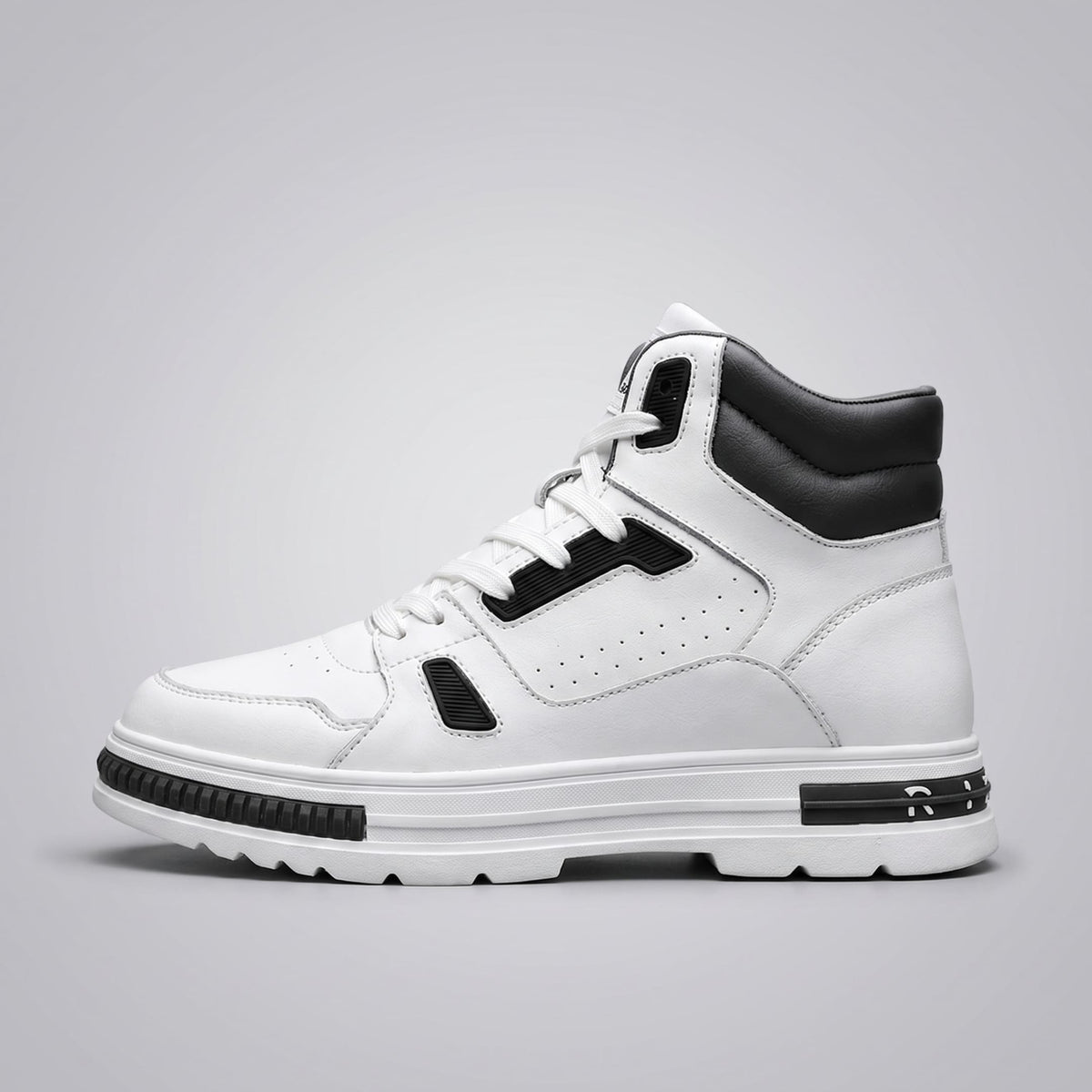 FORCIANO VADER Height Increasing Sneakers in white and black, shown in side profile with Cow Split Leather Upper.