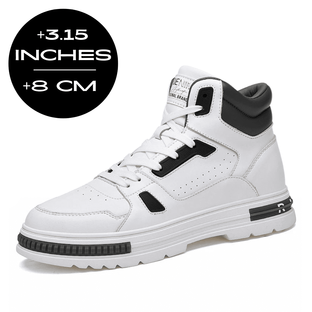 FORCIANO VADER white height increasing sneaker with black accents, shown from a front three-quarter angle with an 8 cm / 3.15 inches graphic.