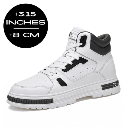 FORCIANO VADER white height increasing sneaker with black accents, shown from a front three-quarter angle with an 8 cm / 3.15 inches graphic.