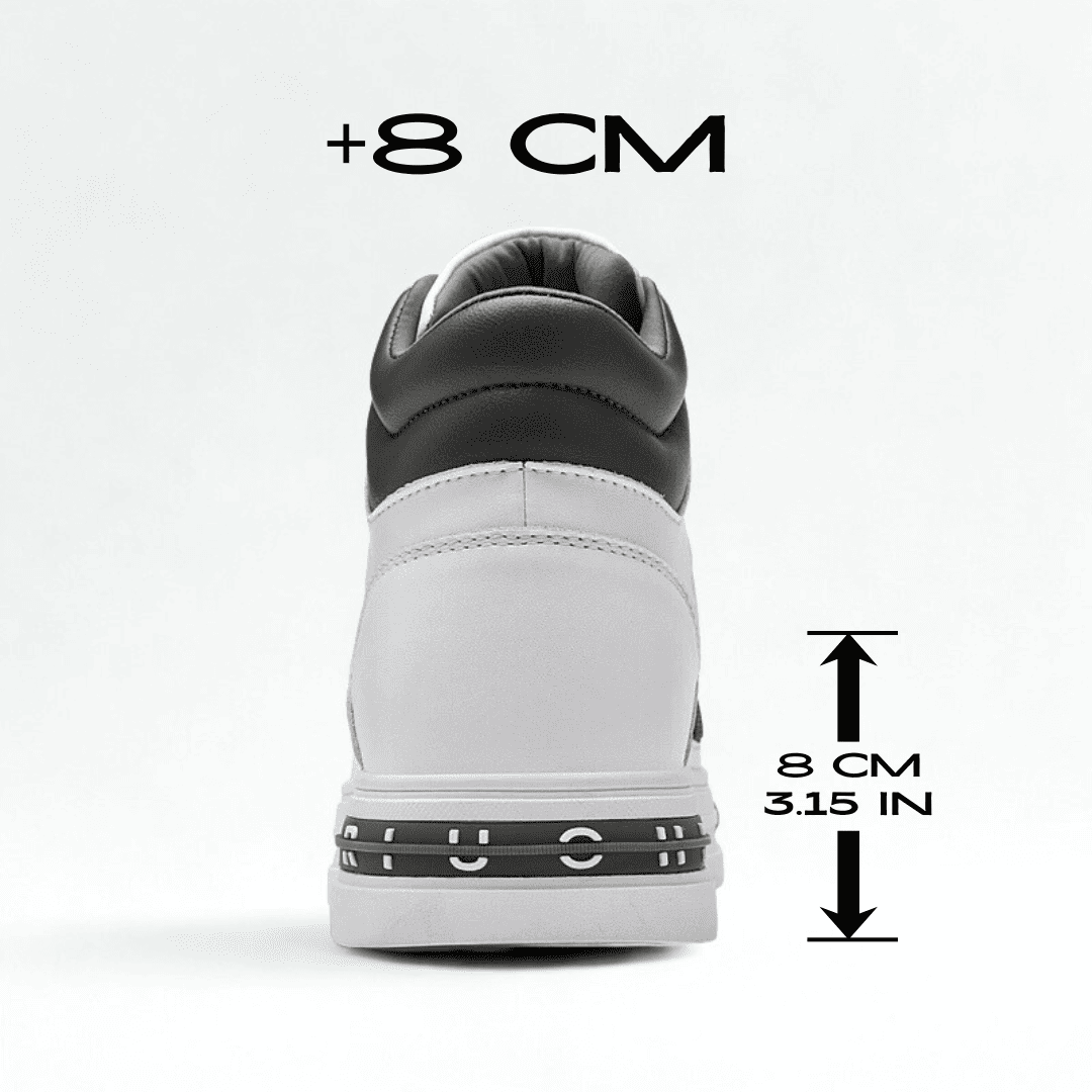 FORCIANO VADER white height increasing sneaker rear view with black accents and an 8 cm / 3.15 inches height graphic.