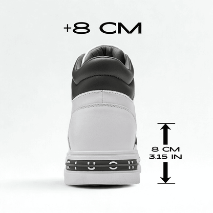 FORCIANO VADER white height increasing sneaker rear view with black accents and an 8 cm / 3.15 inches height graphic.