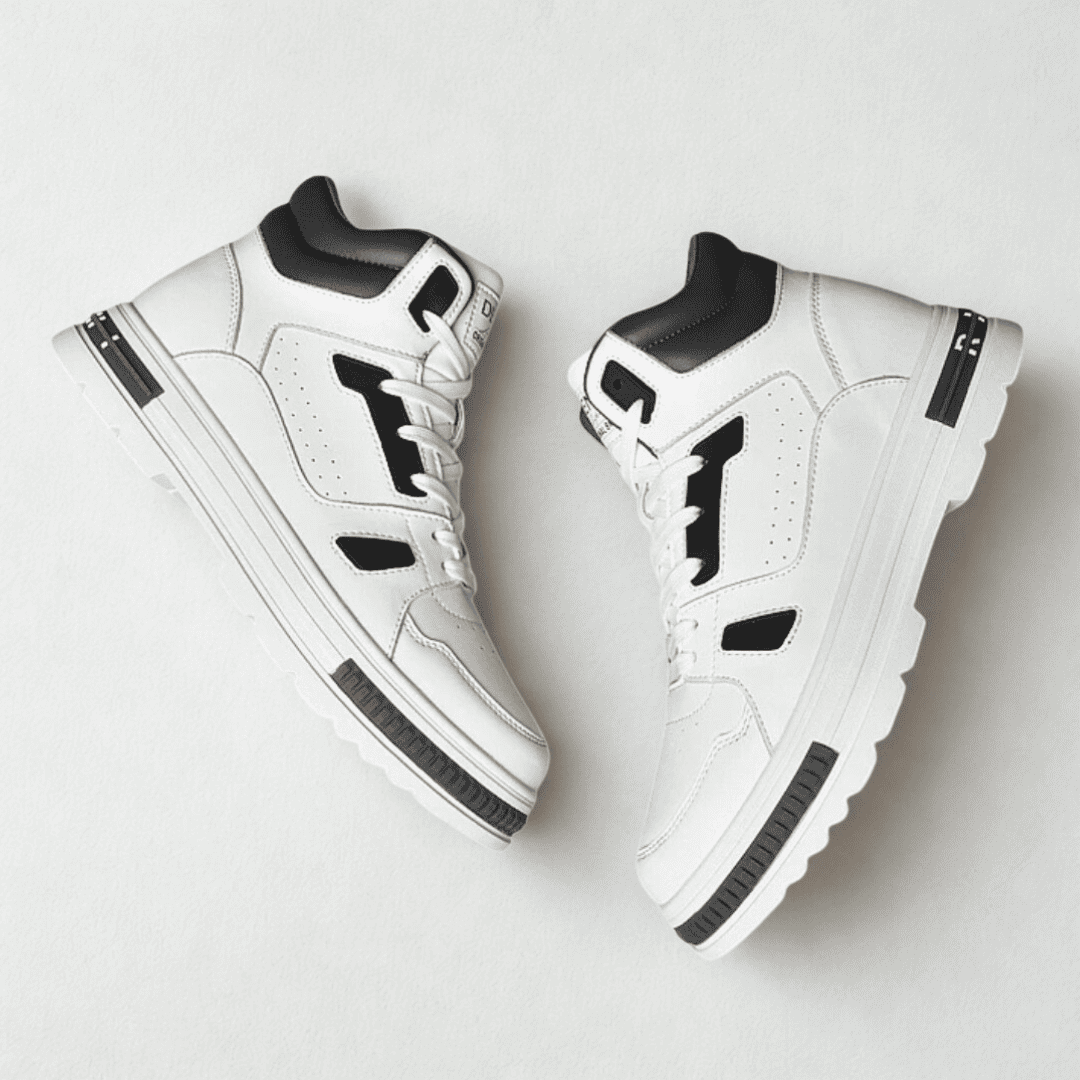 FORCIANO VADER white height increasing sneakers with black accents arranged as a pair in an angled top view.