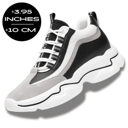 FORCIANO VALENCIA black and white Height Increasing Sneakers for Women shown with the maximum 10 cm / 3.95 inches height graphic.