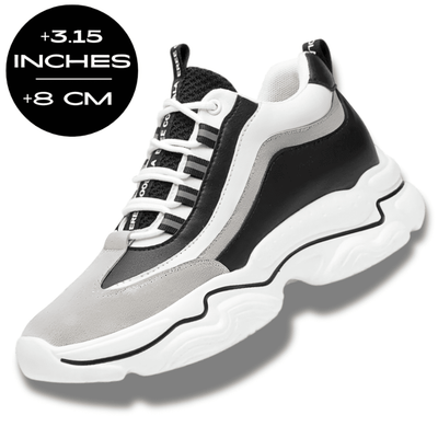 FORCIANO VALENCIA black and white Height Increasing Sneakers for Women shown with the 8 cm / 3.15 inches height graphic.