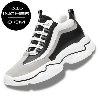 FORCIANO VALENCIA black and white Height Increasing Sneakers for Women shown with the 8 cm / 3.15 inches height graphic.