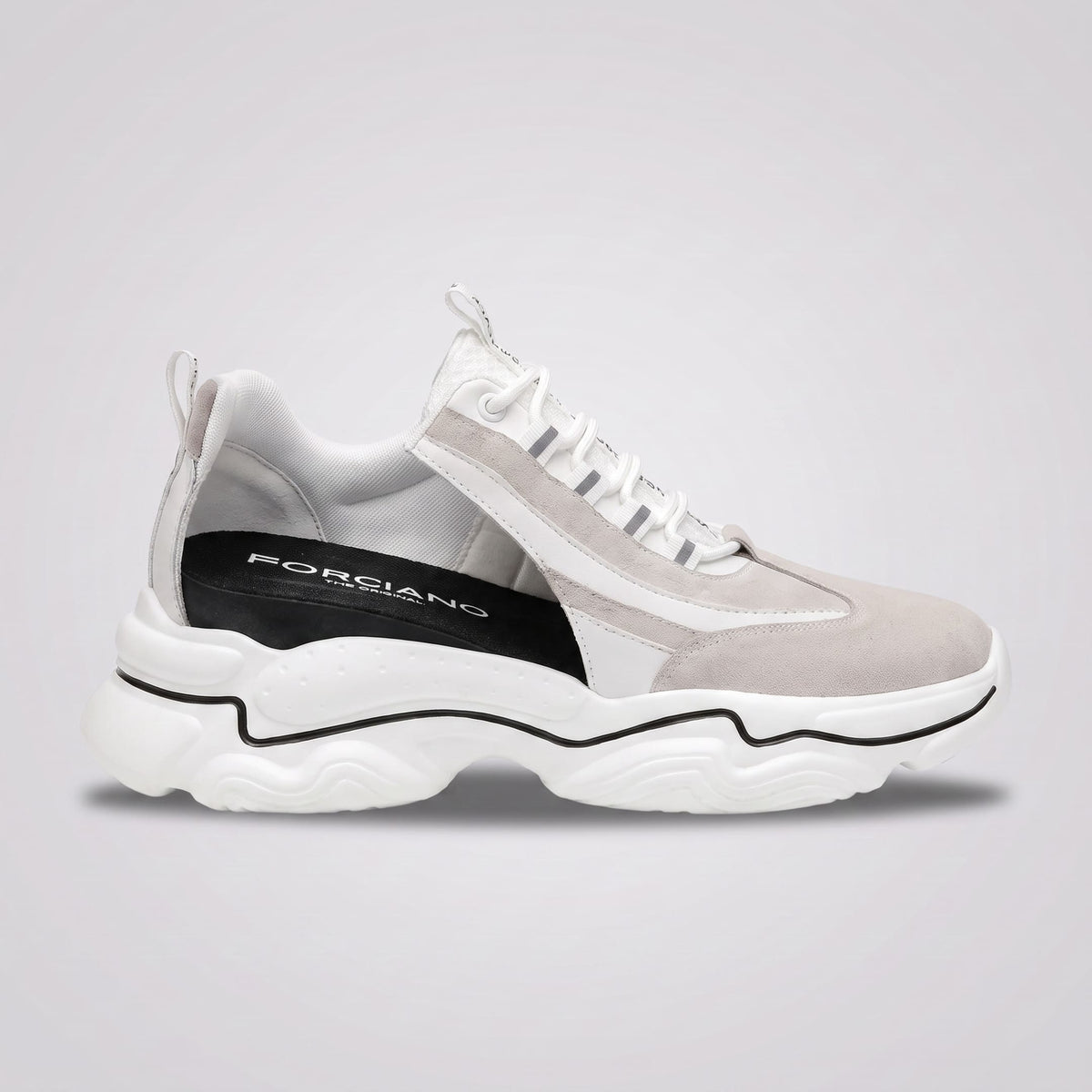 FORCIANO VALENCIA white Height Increasing Sneakers for Women shown in side profile with a cutaway revealing the internal lift structure.