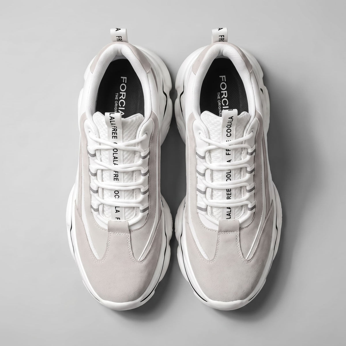 FORCIANO VALENCIA white Height Increasing Sneakers for Women shown as a pair from above with laces, breathable mesh tongues and branded insoles visible.
