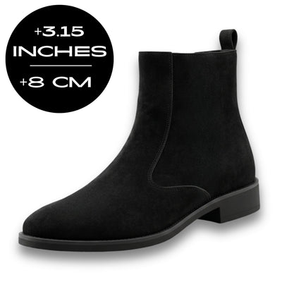 FORCIANO VALKYRIE black women's elevator boots with premium suede upper displayed with the confirmed 8 cm / 3.15" height increase graphic.